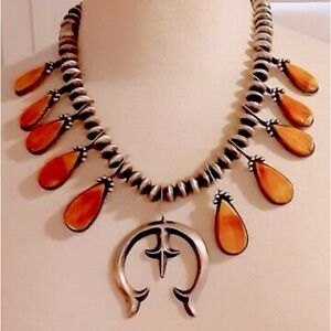 Authentic Selena Warner Spiny Oyster Silver Navajo Pearl Squash Blossom Necklace